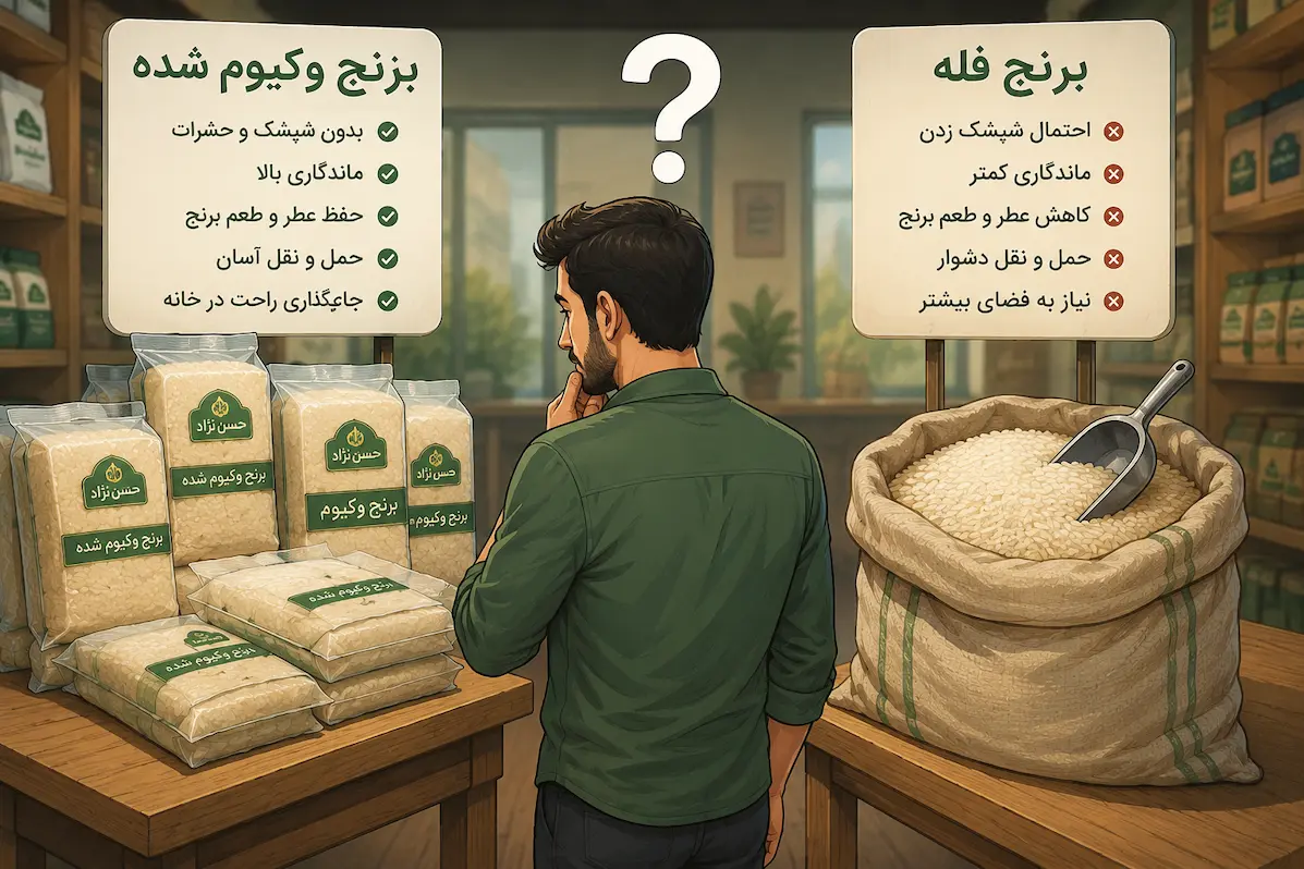 تفاوت برنج وکیوم شده با برنج فله | ۷ مزیت مهم که باید بدانید